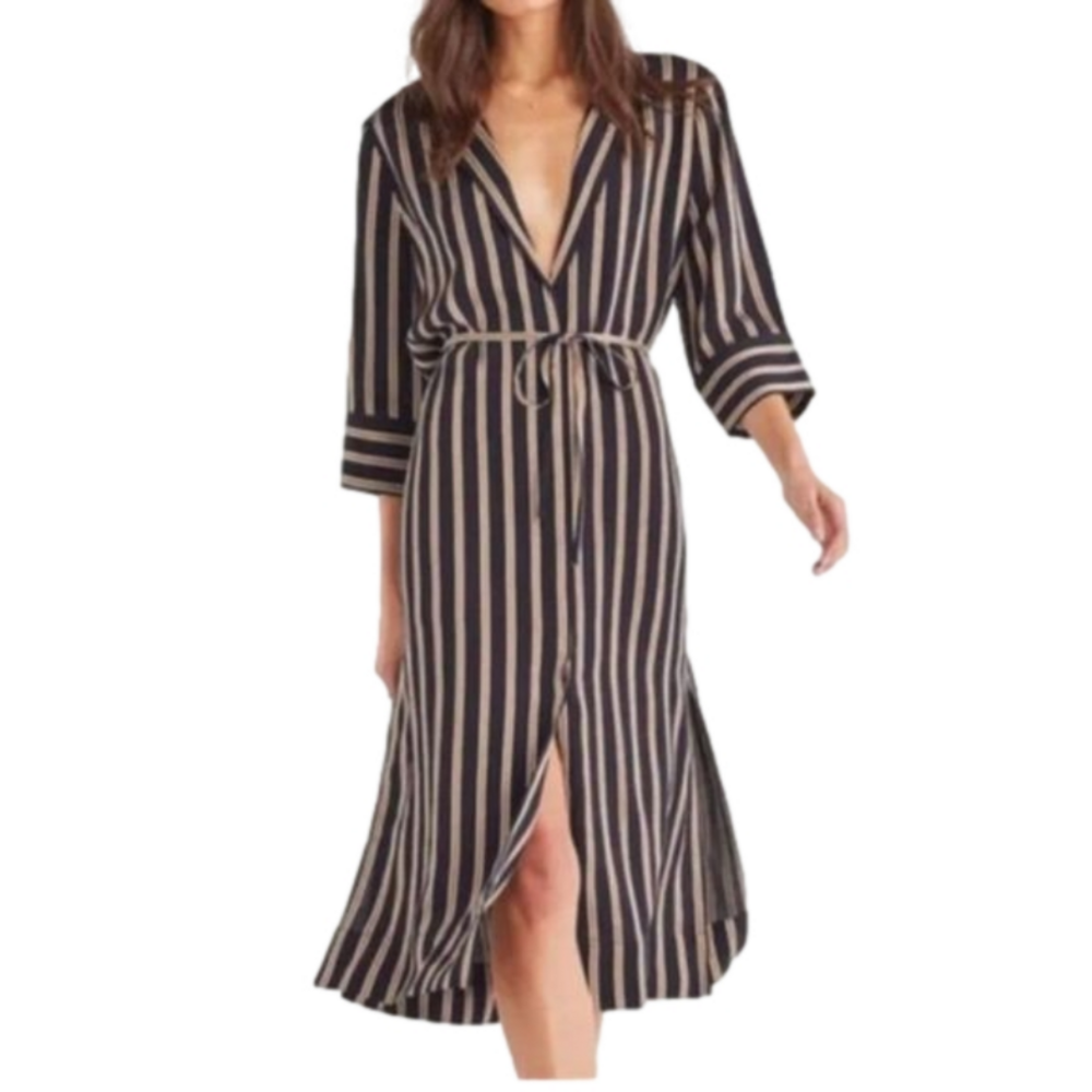 7 For All Mankind Large Striped Midi Dress MIDNIGHT NAVY/GOLD/WHITE STRIPES NWT